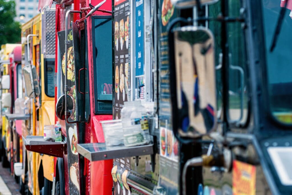 Parked and lined up street food trucks in Washington DC